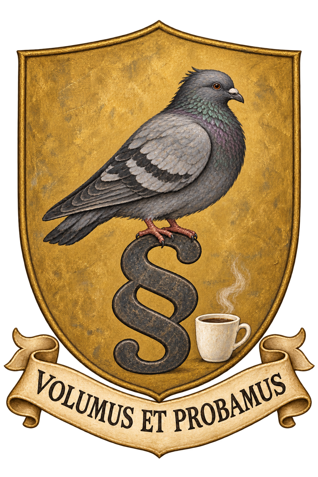 Wappen: eine graue Berliner Stadttaube auf einem Paragraphenzeichen, daneben eine Kaffeetasse, darunter das Spruchband Volumus et probamus.